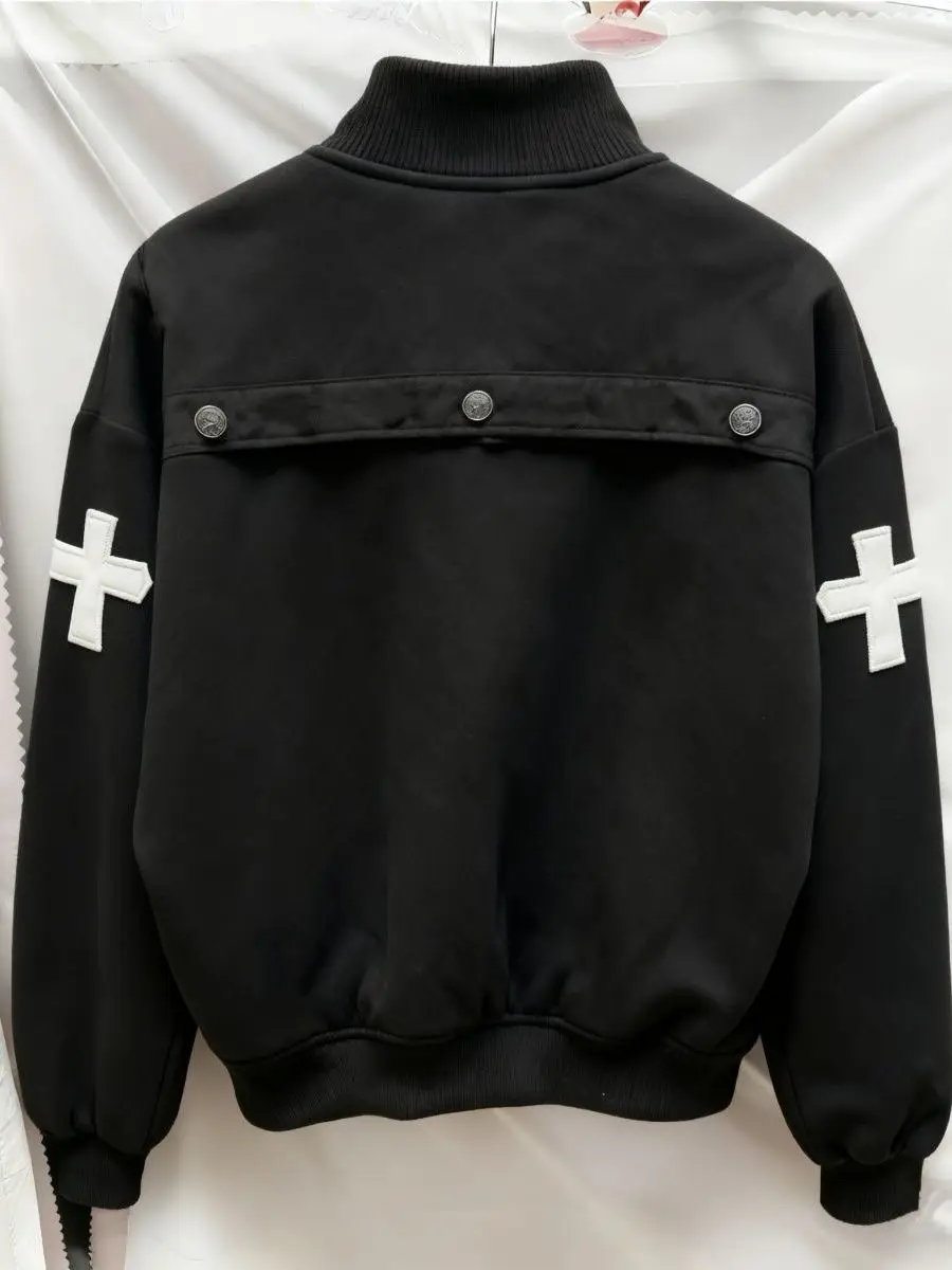 Retro Vintage Court Style Knight Cross Button Stand Collar Sweatshirt Short Outerwear Men's Standard Fit Long Sleeve Zipper