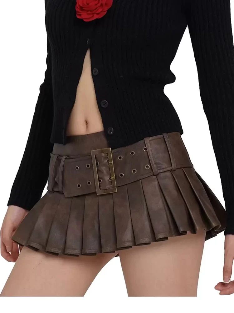 Le Luz Brown Pu Sexy Mini Skirt Womrn Summer Party Night Y2K Ruffles Belted Holiday Chic Female Girls Ladies Skirts Faldas New