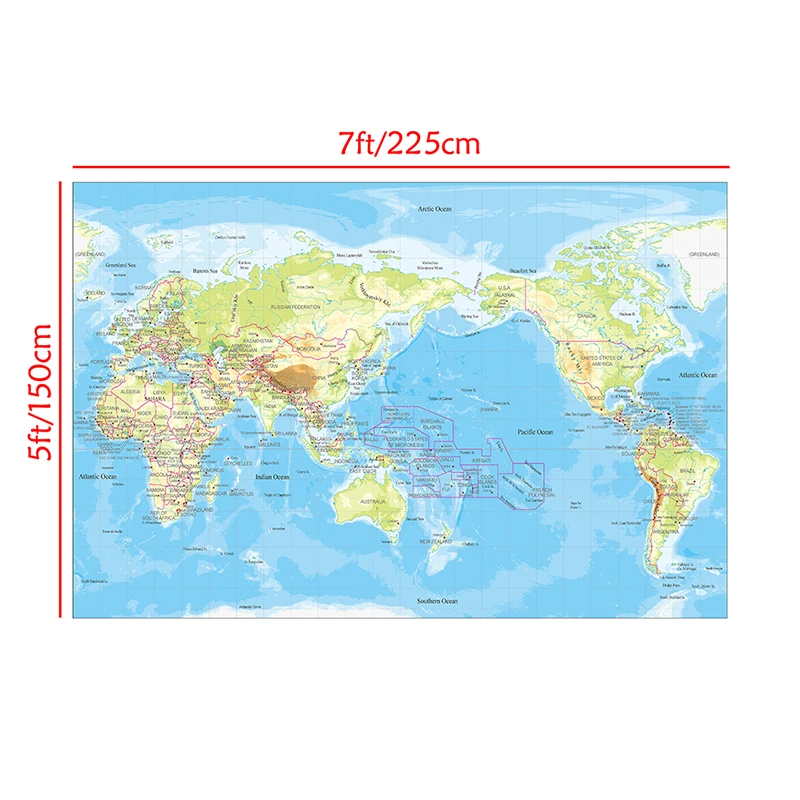 Mapa del mundo grande de 5x7 pies, póster detallado en idioma inglés, tabla de pared, mapa de topografía, papel tapiz de mapa no tejido, suministros de oficina