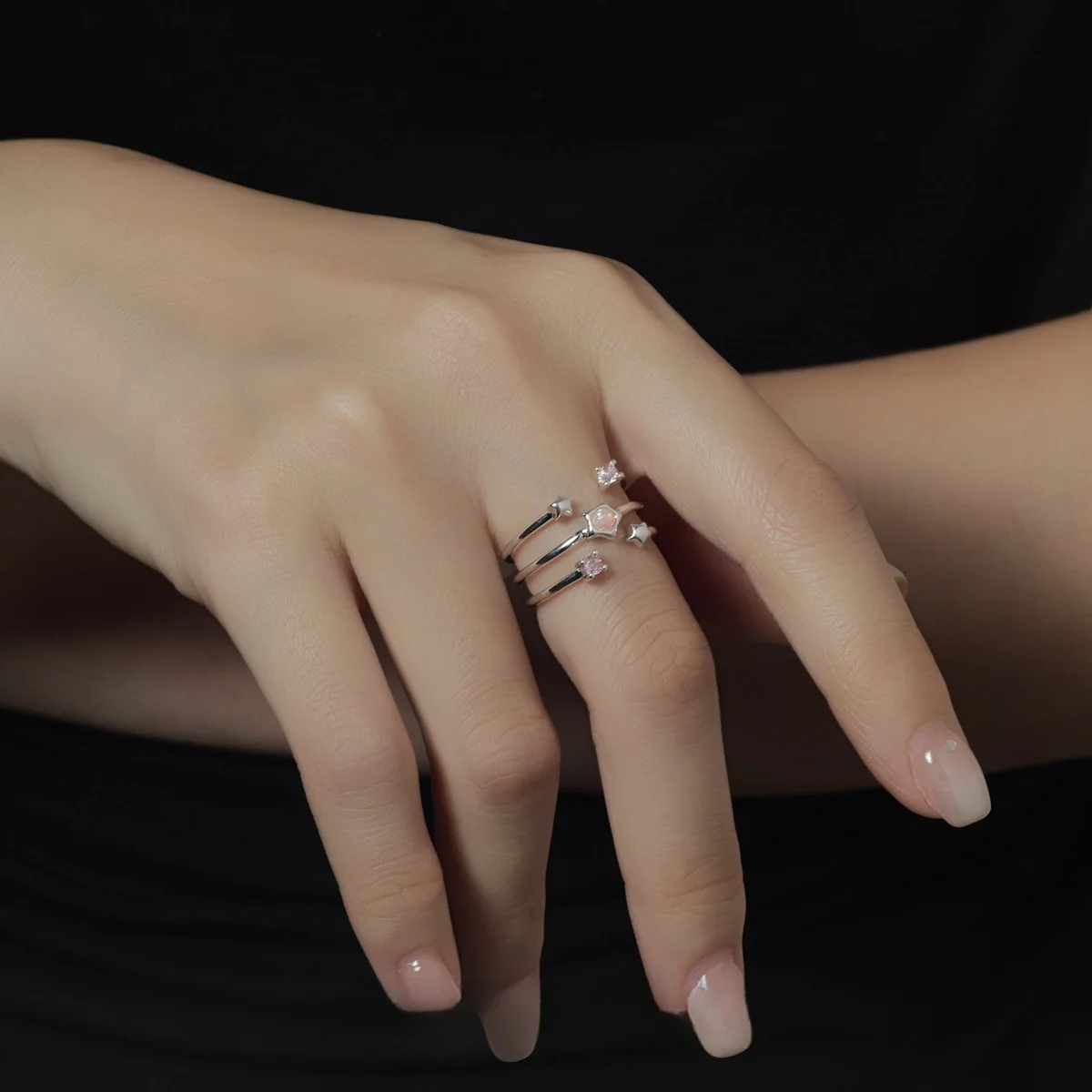 F.I.N.S Original Design S925 Sterling Silver Multi-Layered Opal Ring For Women Layered Lines Star Zircon Index Mid Finger Jewels