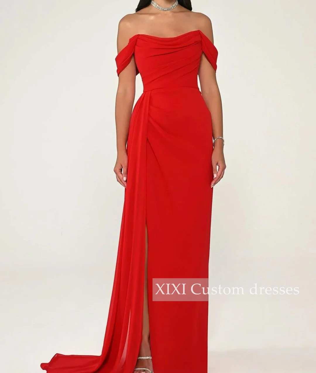 فستان سهرة XIXI A-Lin بفتحة عالية على الكتف بخط العنق بطول أرضي كشكش بسحاب فساتين لحفلة موسيقية Vestidos De Festa #6