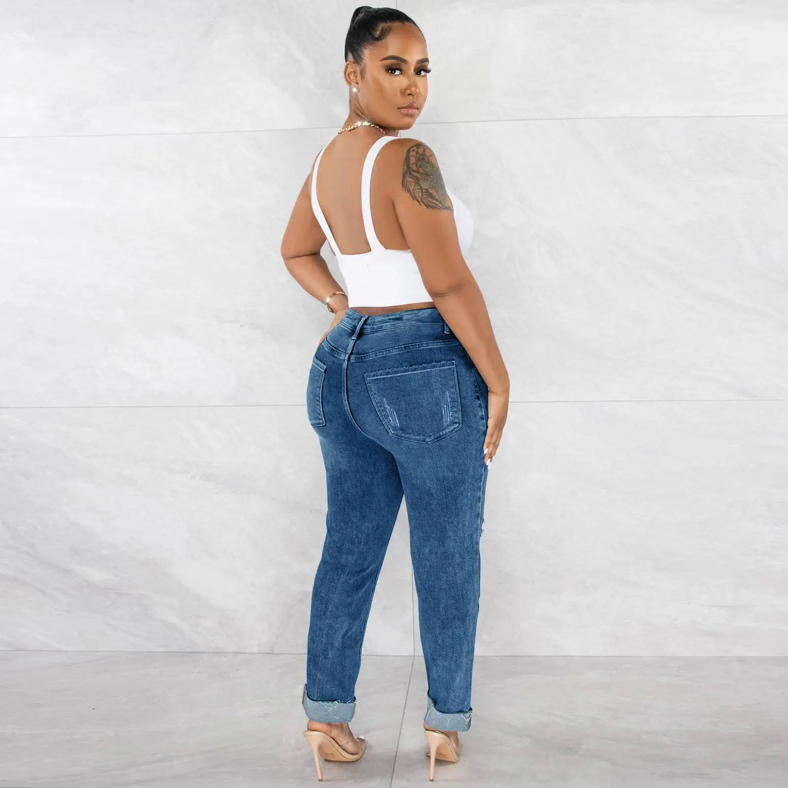 Zerrissene Jeans mit hoher Taille für Damen, schmales Bein, lang, blaue Baumwolle, dehnbar, hochelastisch, europäischer Stil, Sommerfaion