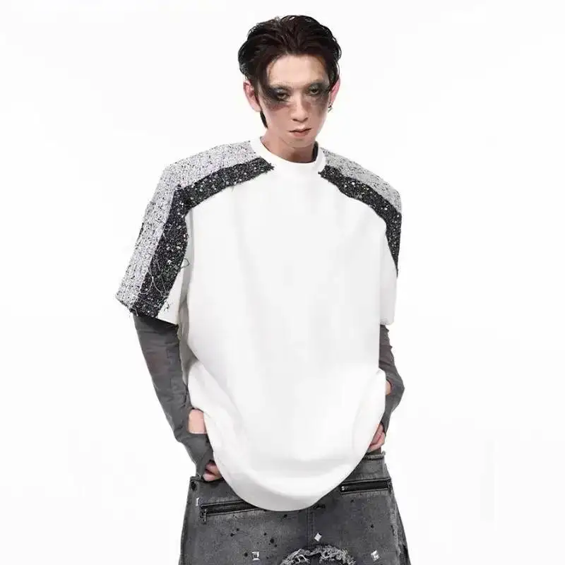 LUZHEN Sleeve Short Original Sequin Splicing Color Luxury Contrast Design Tops Men's 2026 Summer Loose Handsome T-shirts JY8091