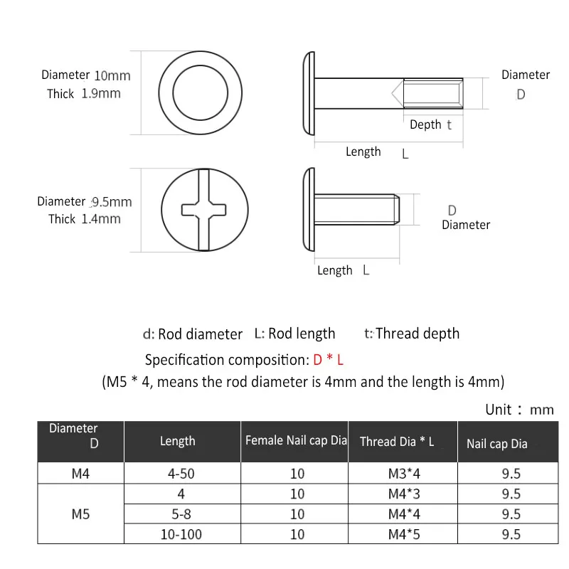 304 Stainless Steel Snap Rivet Books Butt Screw Photo Album Binding Screws Book To Lock Bolt M3 M4 M5 M6