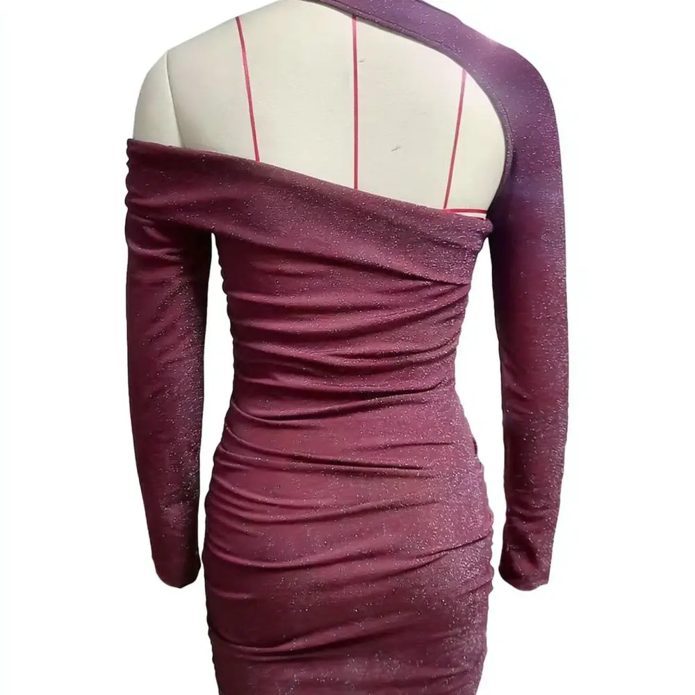 Elegant Slim Fit Mini Dress For Ouyue Burgundy Ruched Bodycon Long Sleeve Sexy Spring Women Fashion Daily Wear