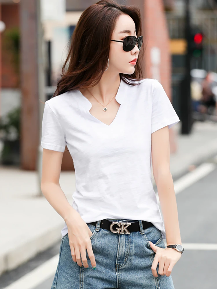 2026 Sommer Bambus-Baumwoll-T-Shirt für Damen, V-Ausschnitt, Weiche T-Shirts, Klassische Mode, Größen S-3XL, Damen-Oberteile – Detail 6