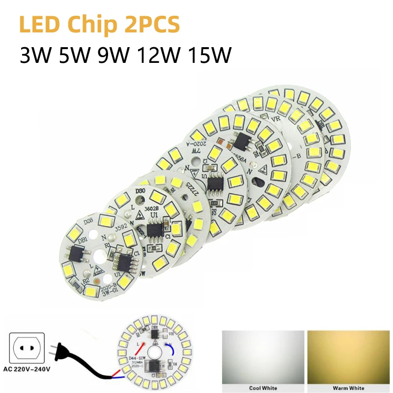 LED 전구 패치 램프 SMD 플레이트, 전구 조명용 원형 모듈 광원 플레이트, LED 다운라이트 칩 스포트라이트, AC 220V, 2 개