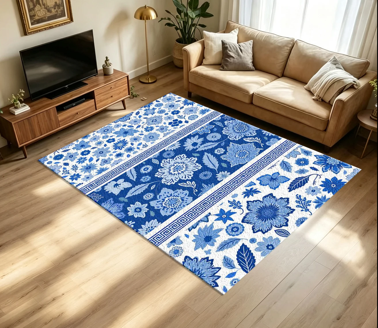 Blue White Porcelain Floral Carpet Flooring, Classic Oriental Flower Border Non-Slip Floor Mat for Living Room Bedroom Home Decor