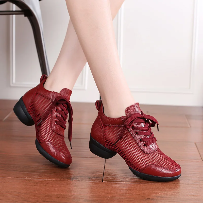 Women's Jazz Shoes Sneakers Modern Dance Summer Mesh Platform Walking Practice Ballroom Latin Dance Shoes genuine leather