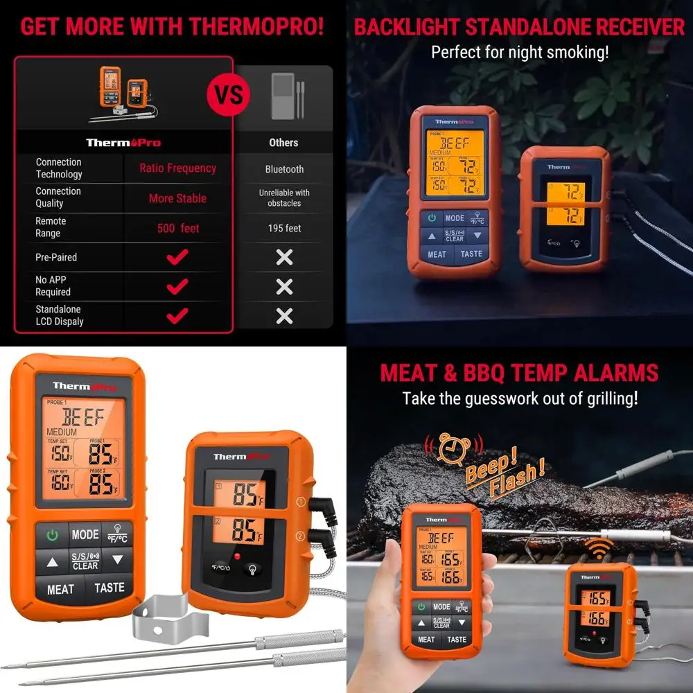 

Беспроводной термометр для мяса с двойным зондом, диапазон 500 футов для барбекю, коптильни, гриля — идеально подходит для стейка, рыбы, индейки, говядины