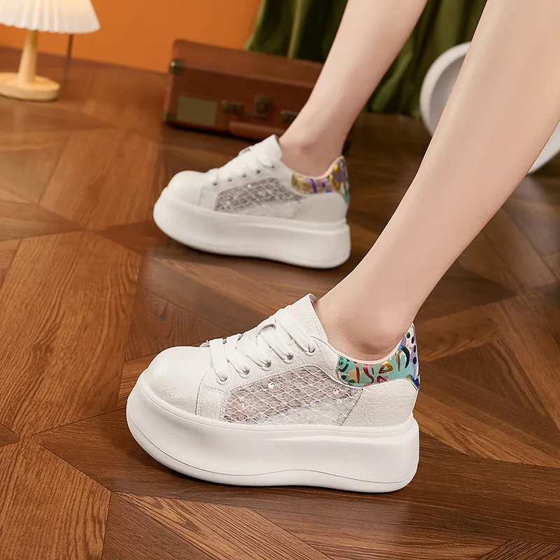 Thick-soled White Shoes for Women Summer New Sneakers Hollow Mesh Breathable Shoes Versatile Inner Height Increasing Women Shoes view 2