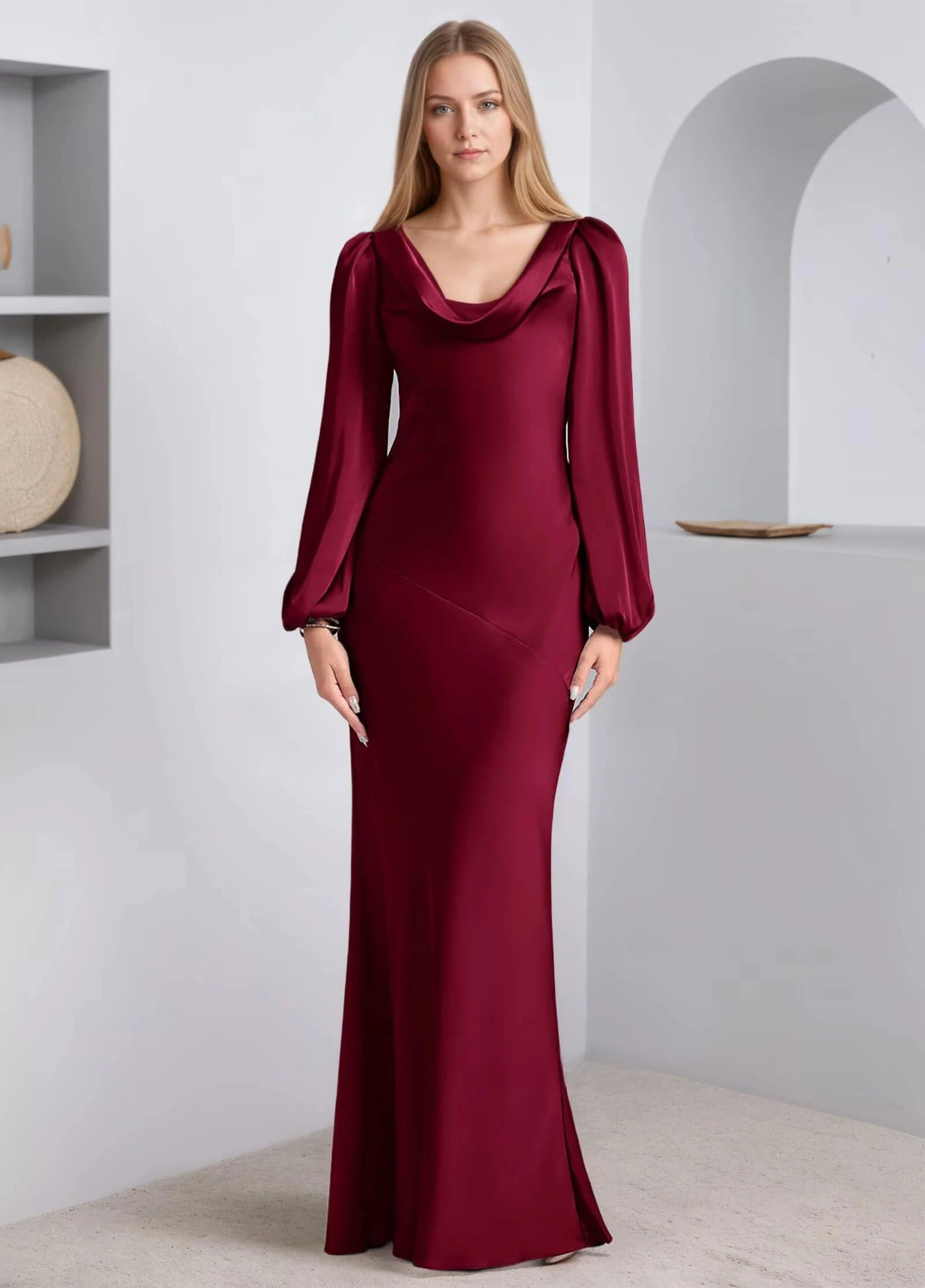 

Long Sleeves Wedding Guest Dresses for Women Satin Mermaid Prom Dress Cowl Neck Sexy Backless Bridesmaid Dress