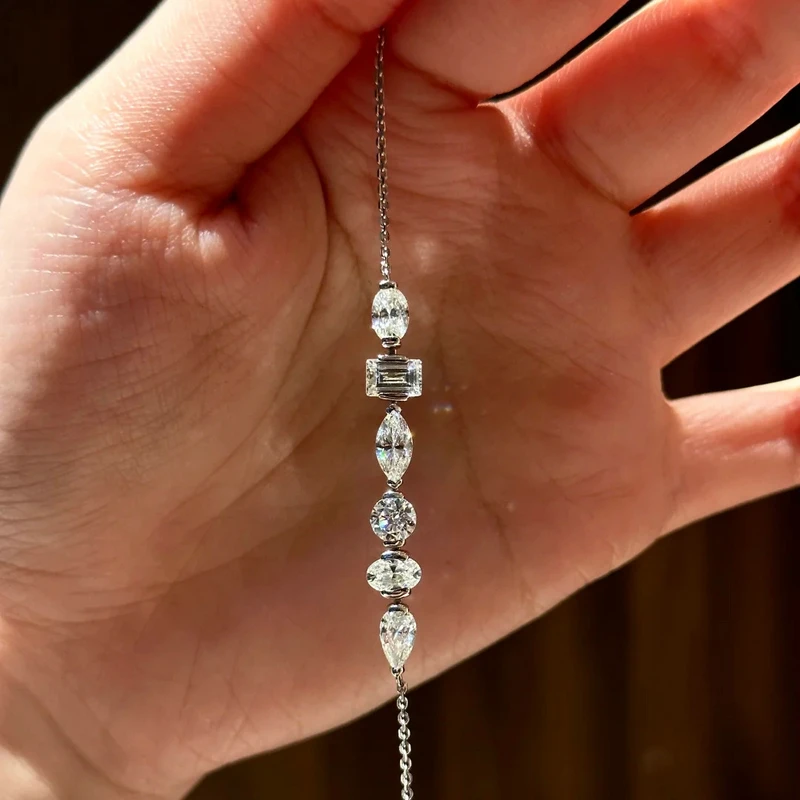 Geometric Link Bracelet with Round Cut Moissanite for Women Silver Tone Copper Adjustable Chain