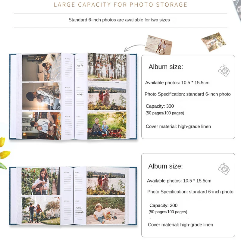 Linen Cover Album 6-inch Interleaf Type Photo Storage Album 200/300pcs Writable Collection of Children Growth Photos