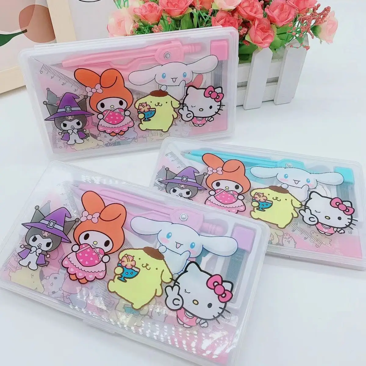 Cartoon Sanrio Compass Set 7-piece Set of Triangle Plate Protractor Learning Stationery Combination Primary School Gift