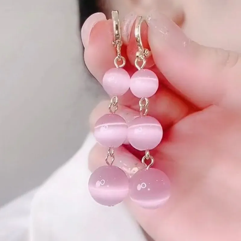 2023 Korean Cute Opal Ball Green Pink Long Hoop Earrings For Women Girls Fashion Metal Circle Boucle d'oreille Exquisite Jewelry