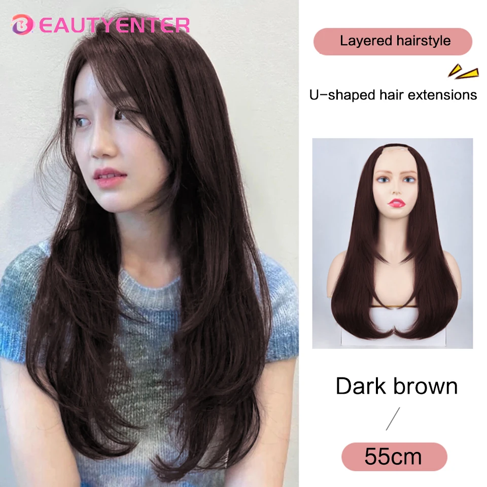 Красивое U-образное наращивание волос, синтетические волосы, Длинные прямые накладные волосы с зажимом, накладные волосы, черные волосы Ren для женщин