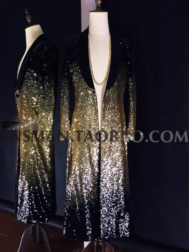 Nuevo club nocturno, chaquetas de pasarela para Dj y cantante para hombre, gabardinas largas de piel con gradiente de oro negro bordado de gama alta, disfraz para hombre
