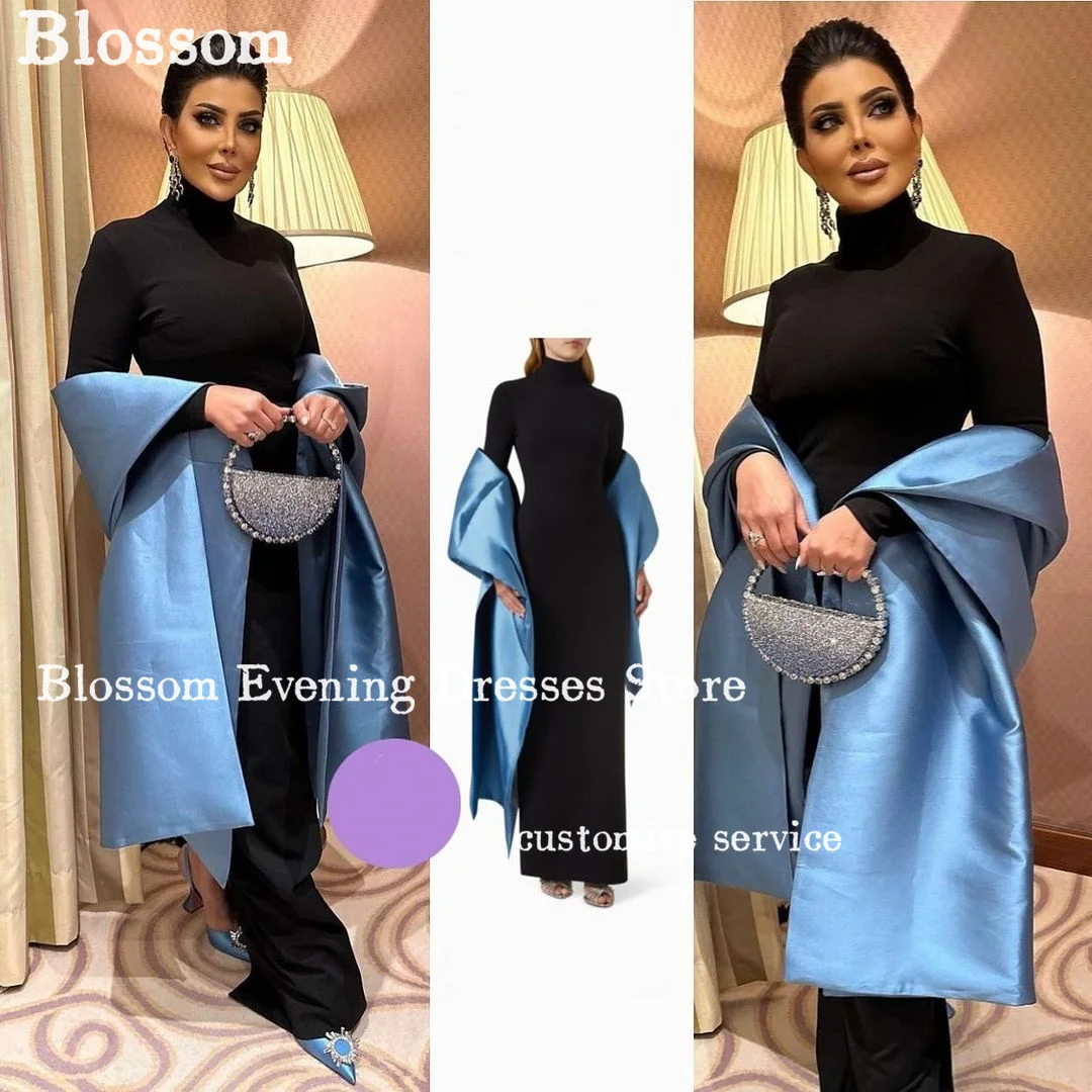 High Collar Long Sleeves Black Evening Dresses With Shawl Simple Elegant Women Arabia Prom Dress Formal Party Gown vestidos de