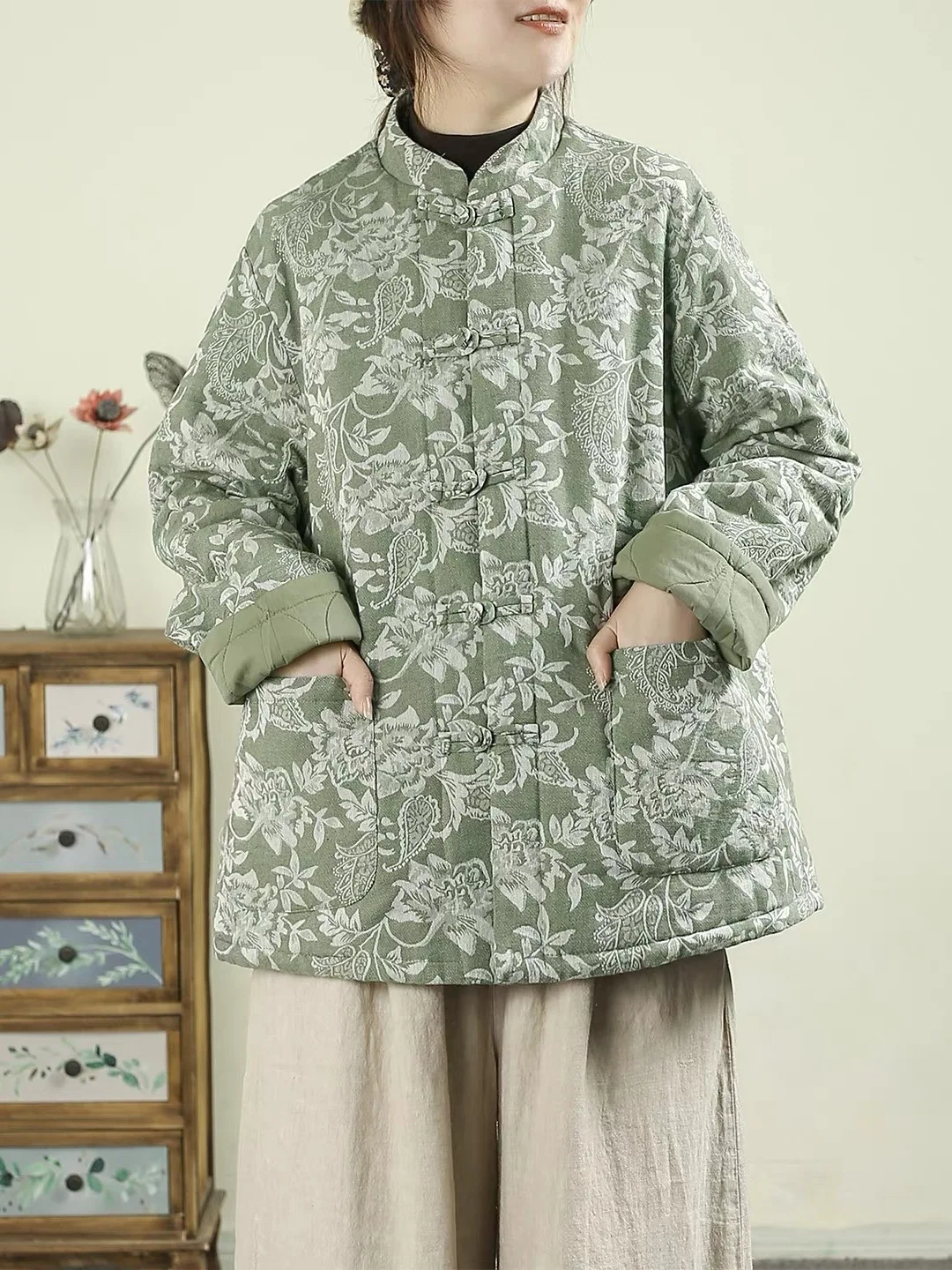 Thiened algodão jaet floral impressão gola botão encerramento casaco de inverno feminino retro sle longo sve ajuste regular