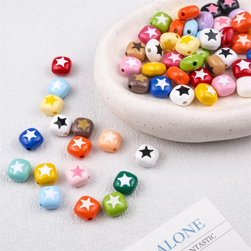 Newest 100pcs/lot 12mm color hearts star pattern print geometry square shape acrylic beads diy jewelry garment accessory