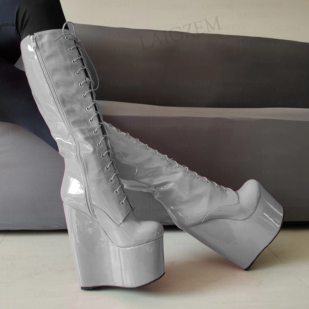 LAIGZEM Women Knee High Boots 20cm High Heels Platform Wedges Side Zip Up  Tall Boots Handmade Shoes Woman Big Size 37 41 43 47