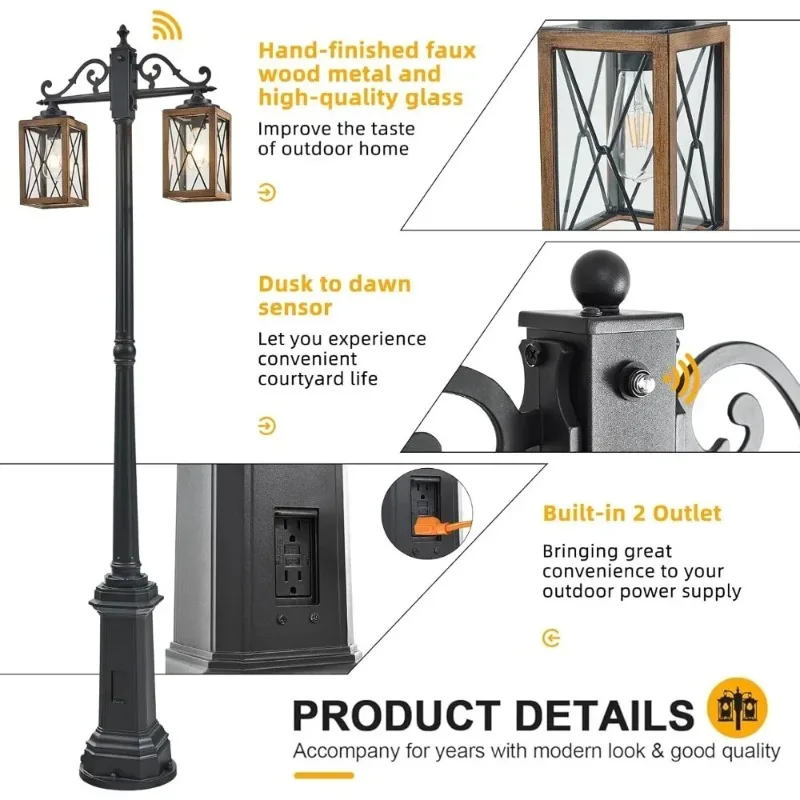 أثاث الحدائق تصميم مبتكر من الغسق إلى الفجر أضواء عمود المصابيح الخارجية مع منفذ GFCI، ضوء شارع المزرعة برأس مزدوج