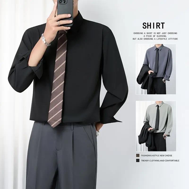 

Men's Pure Color Slim Fit Long Sleeve Shirt Autumn Business Casual Fashionable No Ironing Required Polyester Fiber Shirt