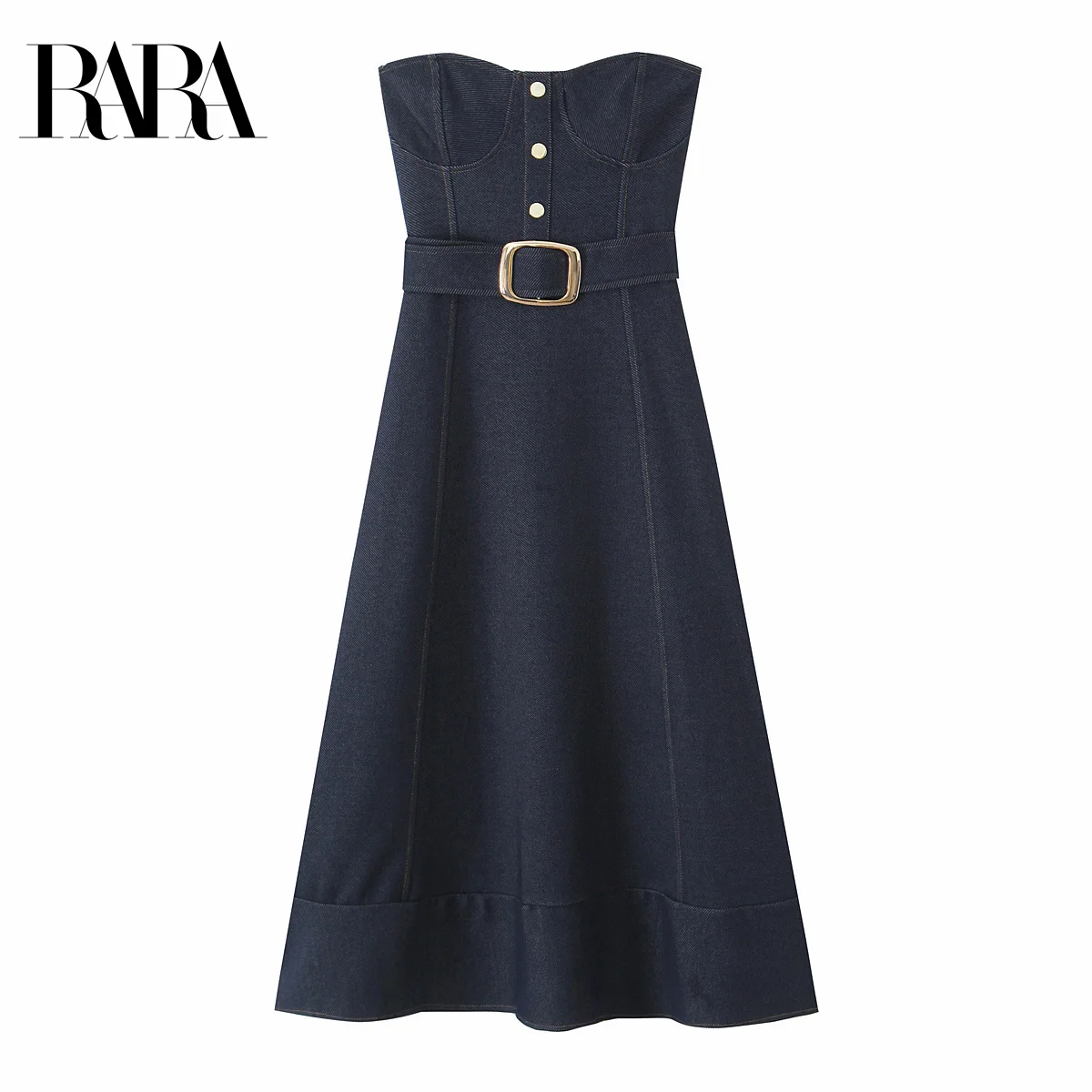 RARA2025 신상 여름 여성 캐주얼 패션 심플 슬림 벨트 허리 튜브탑 미디 원피스