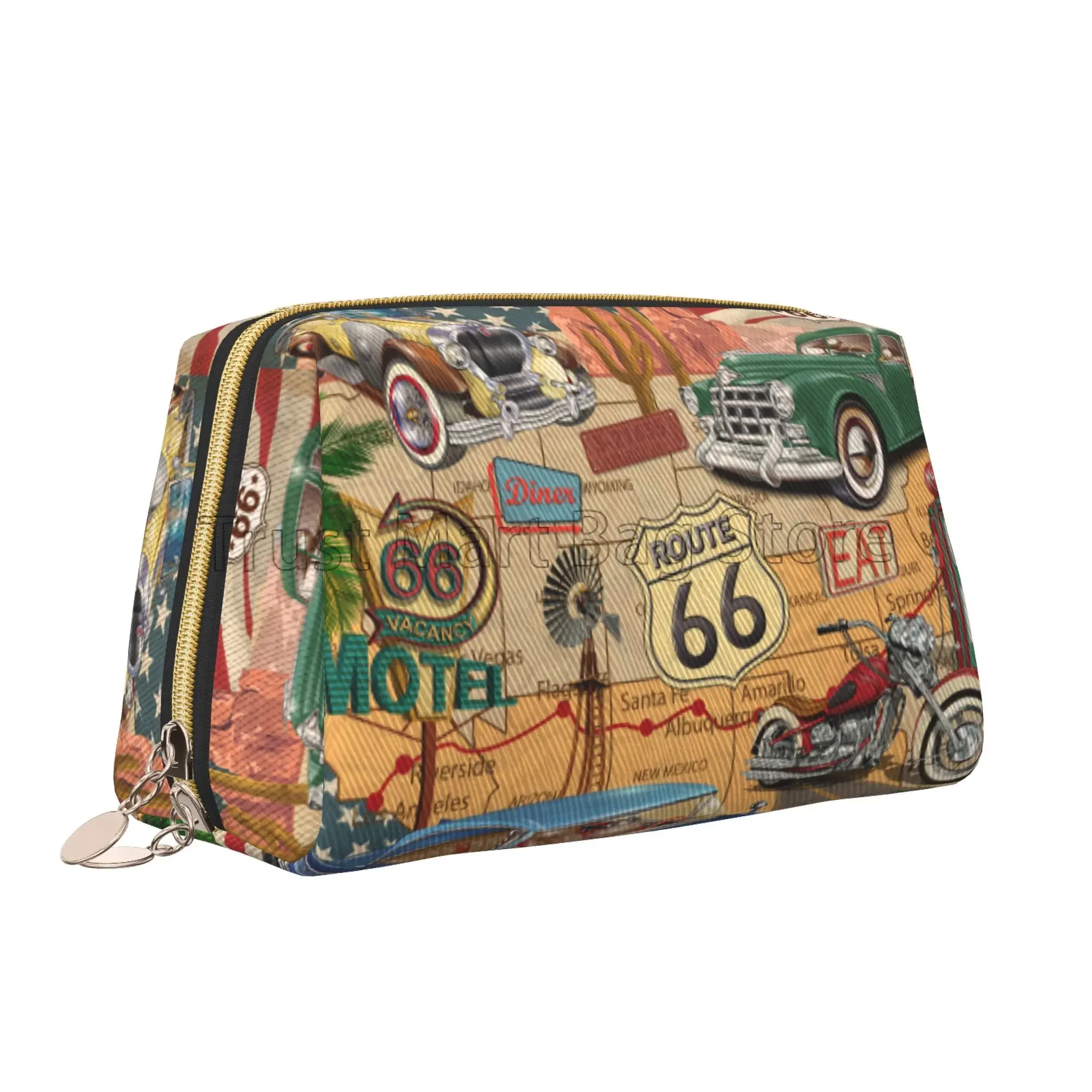 Vintage US Historic Route 66 Old Car Print Makeup Bag Leather Travel Cosmetic Organizer Bag Women Large Capacity Toiletries Bags