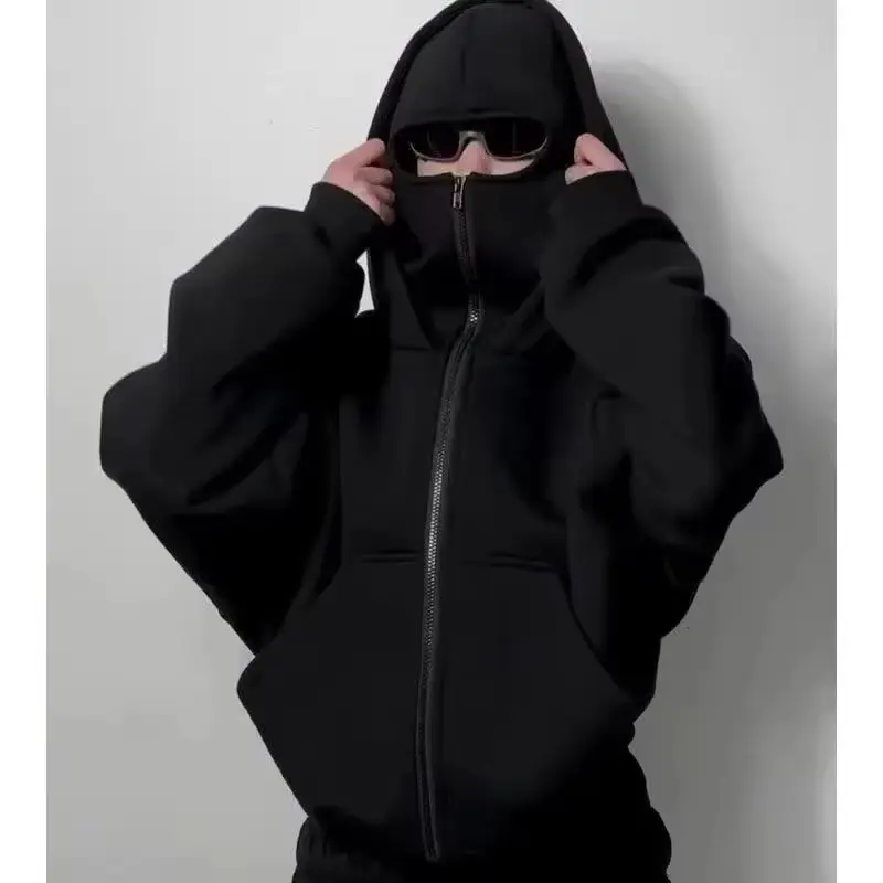 Balaclava Men Zip Hoodie Winter Warm Casual Sweatshirt Y2K with Hooded Face Mask Zipper Design Sports Jacket Outdoor Activities
