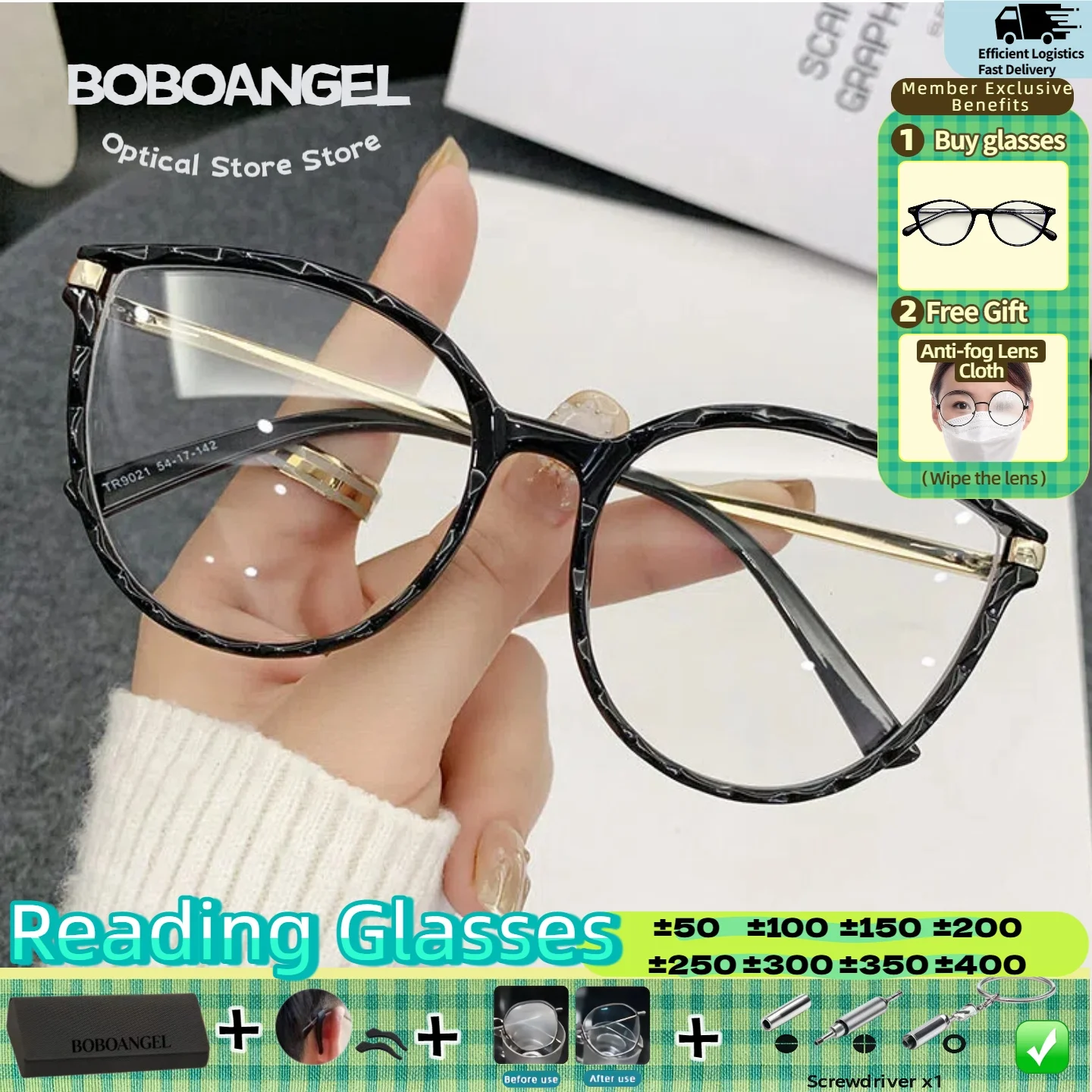 

BOBOANGEL Round Cat Eye Large Frame Reading Glasses Fashion Premium Women Myopia Glasses Anti Blue Light Prescription Eyeglasses