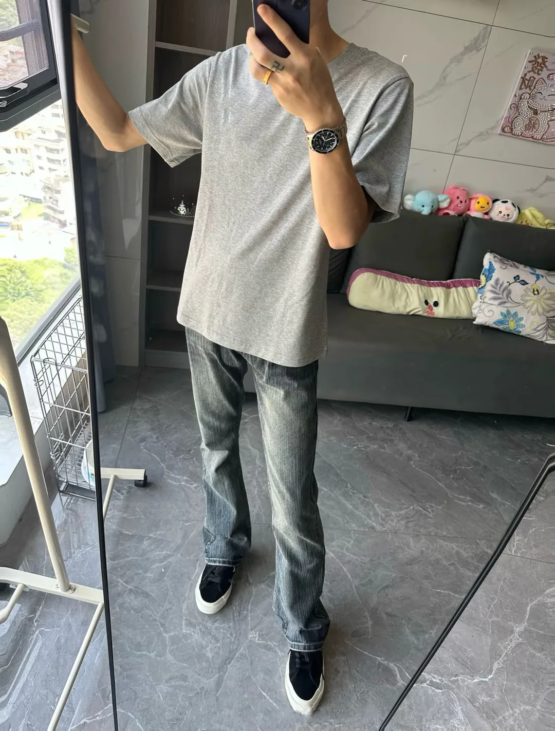 American Retro Cleanfit High Waist Straight Leg Bamboo Pattern Men's Jeans Street Style Trendy Flared Long Trousers