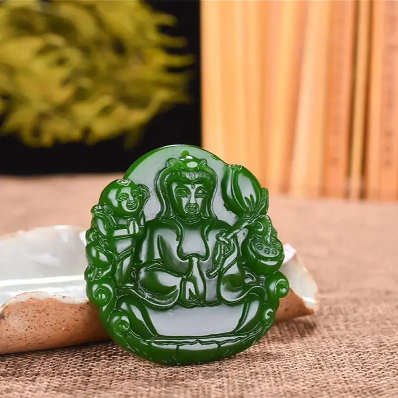 

Hetian Jade Jadeite Guanyin Pendant Spinach Green Lotus Lotus Root Guanyin Jade Pendant Unisex Hanging Ornament