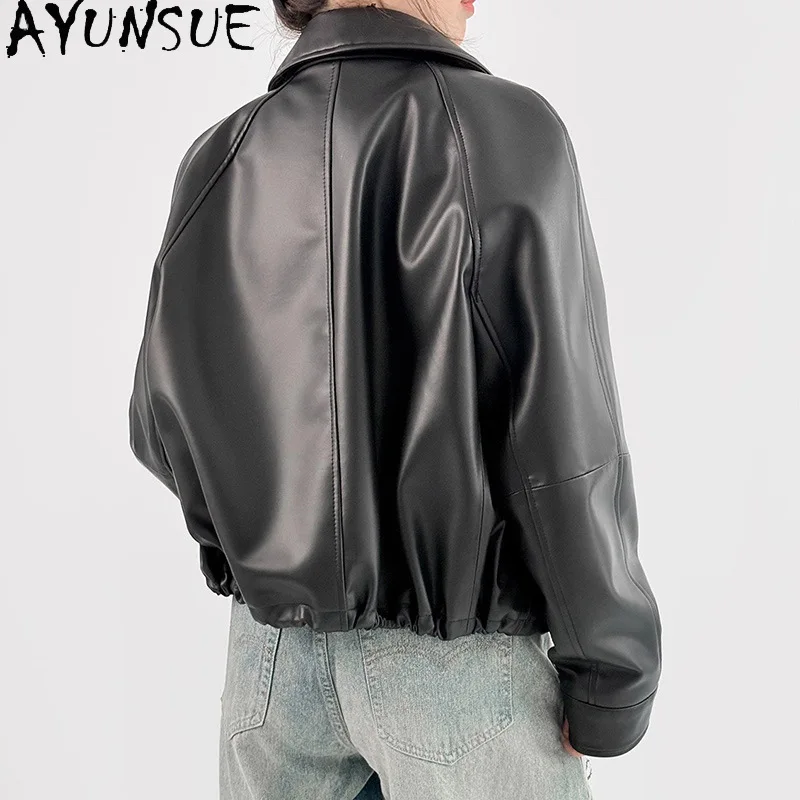 AYUNSUE ของแท้หนังแจ็คเก็ตผู้หญิงหนังแกะธรรมชาติสตรีรถจักรยานยนต์แจ็คเก็ตฤดูใบไม้ผลิฤดูใบไม้ร่วงเสื้อผ้าหลวม Fitха
