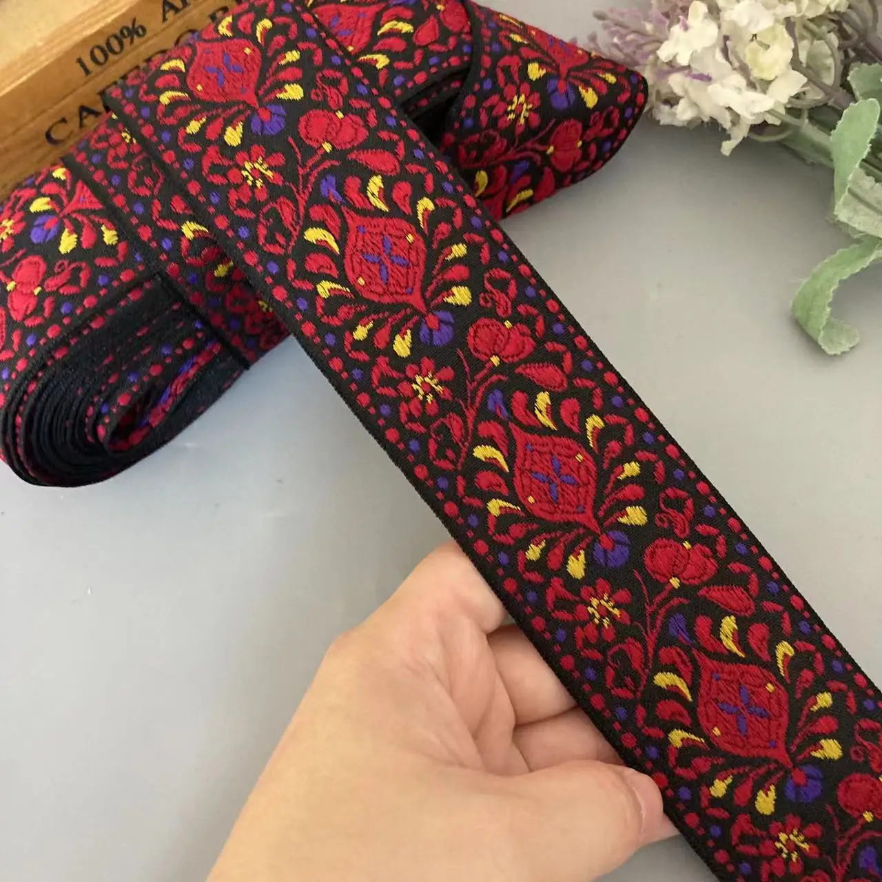 New 1 Meters 5cm Red Purple Ethnic Flower Lace Trims Ribbon Jacquard Webbing Totem Pattern Knitting Garment Bag Accessories