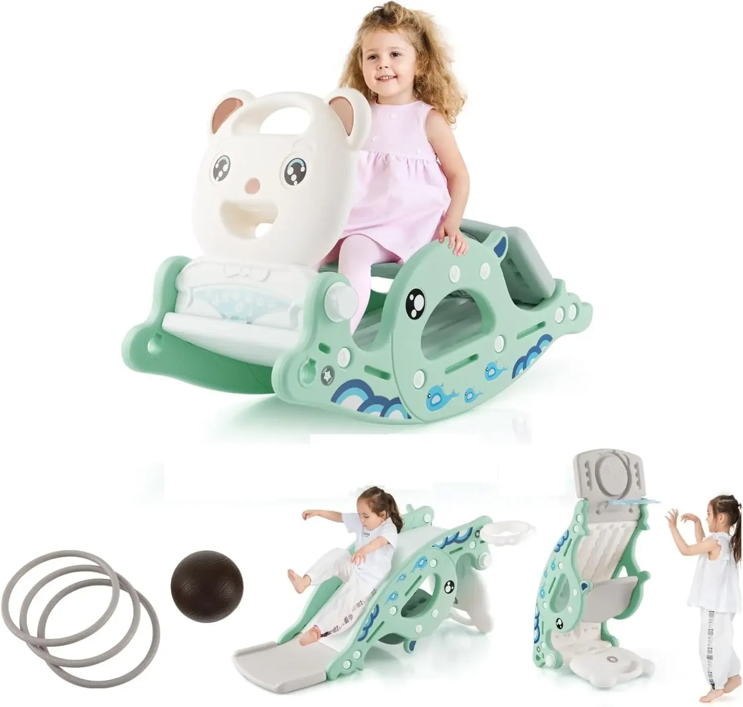 4 in 1 Toddler Slide Rocking Toy, Slide for Kids with Basketball Hoop and Ring Game, Rocking Horse, Foldable Climber Playground