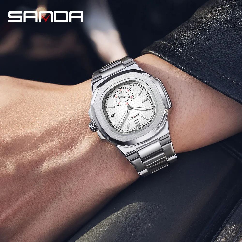 SANDA 7020, кварцевые наручные часы с датой, водостойкий восьмиугольный циферблат, простой рельефный дизайн, серебристые мужские часы, модные