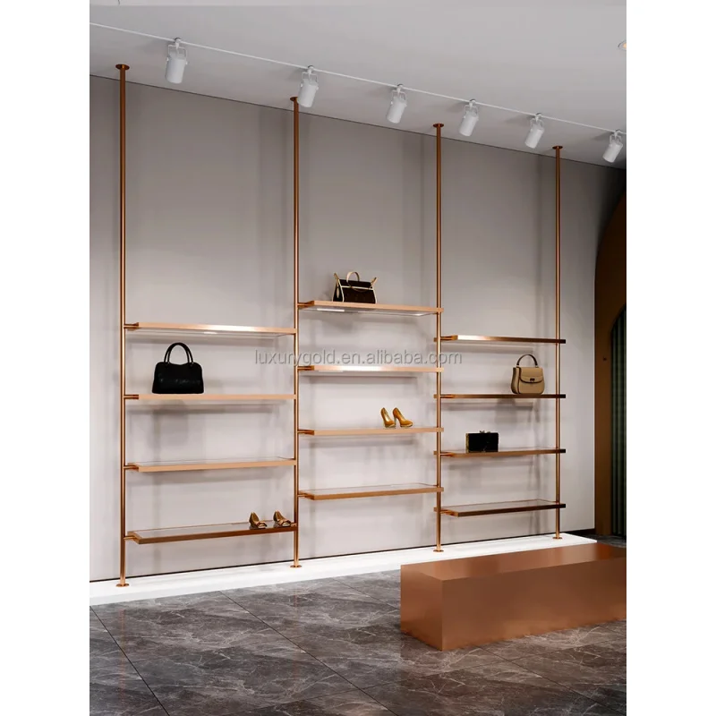 custom.Custom Retail 4 Tier Clothing Stand Shop Fitting Shoe Wall Mounted Hand Bag Display Rose Gold Stainless Steel Shoe Rack f