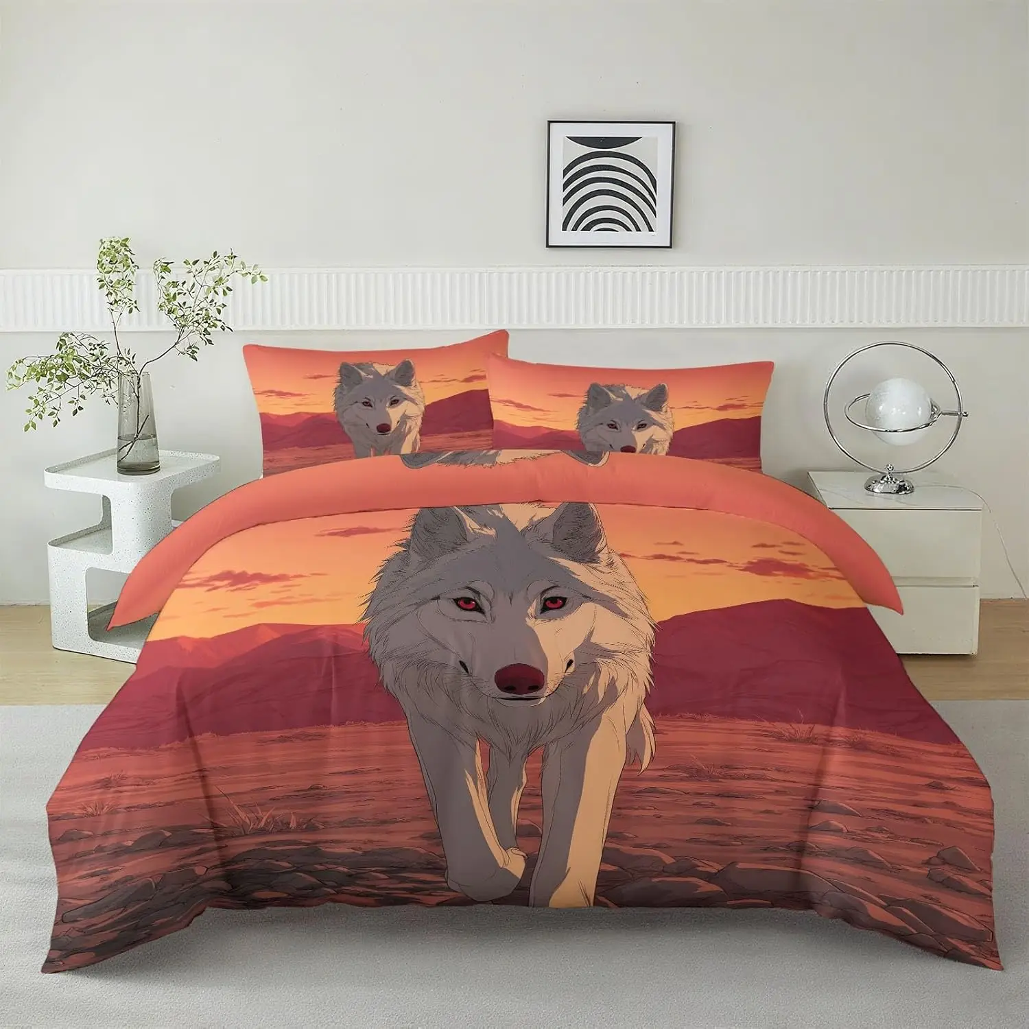 Cool Anime Wolf Sunset Duvet Cover Single Size 135x200cm With 1 Pillowcase Orange Bedding Set For Teenager Boy