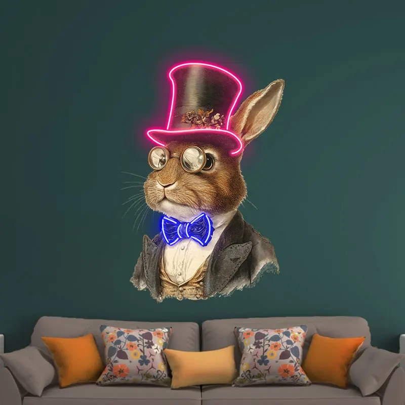 Toysign Vintage Neon Rabbit Wall Art – Steampunk Top Hat & Bow Tie LED Sign, Retro Animal Portrait, Decorative Night Light