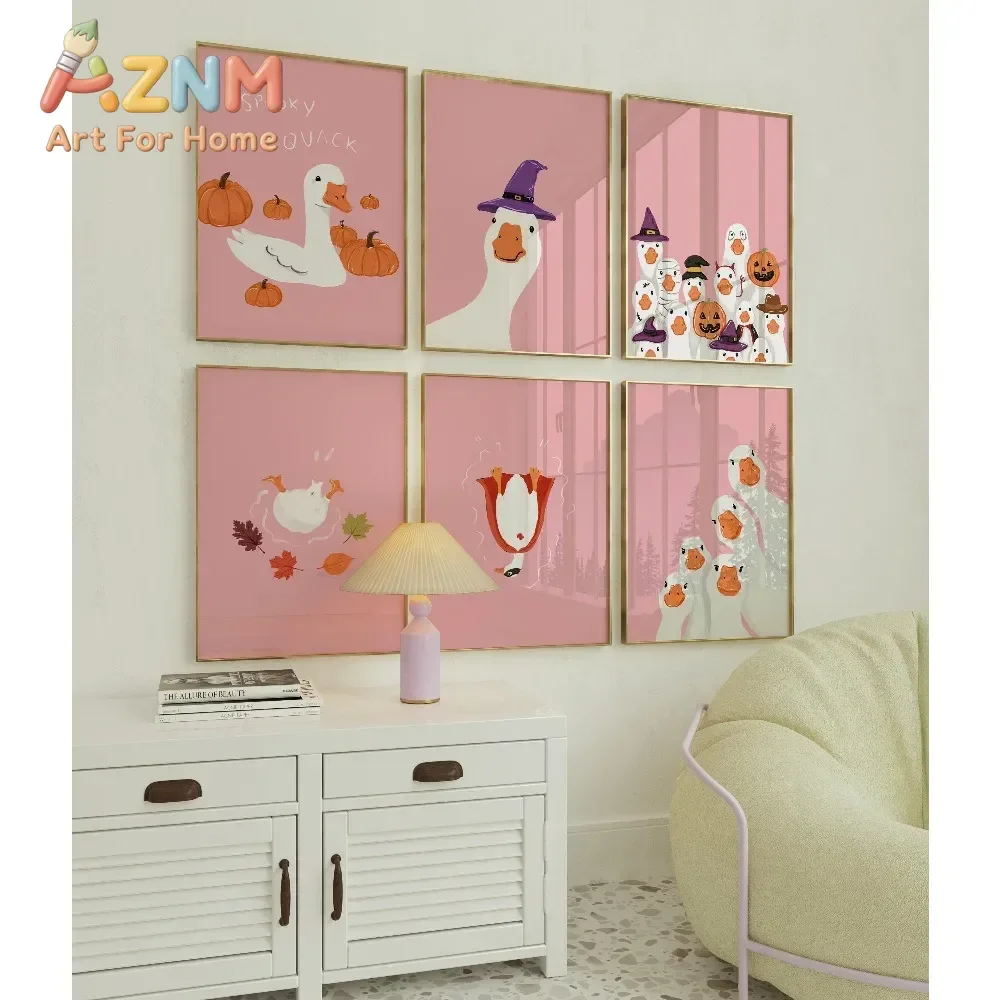 Frameless,Pink Goose Halloween Art Prints,Retro Danish Pastel Decor,Digital Download,Halloween Gifts,Living Room Wall Art Decor