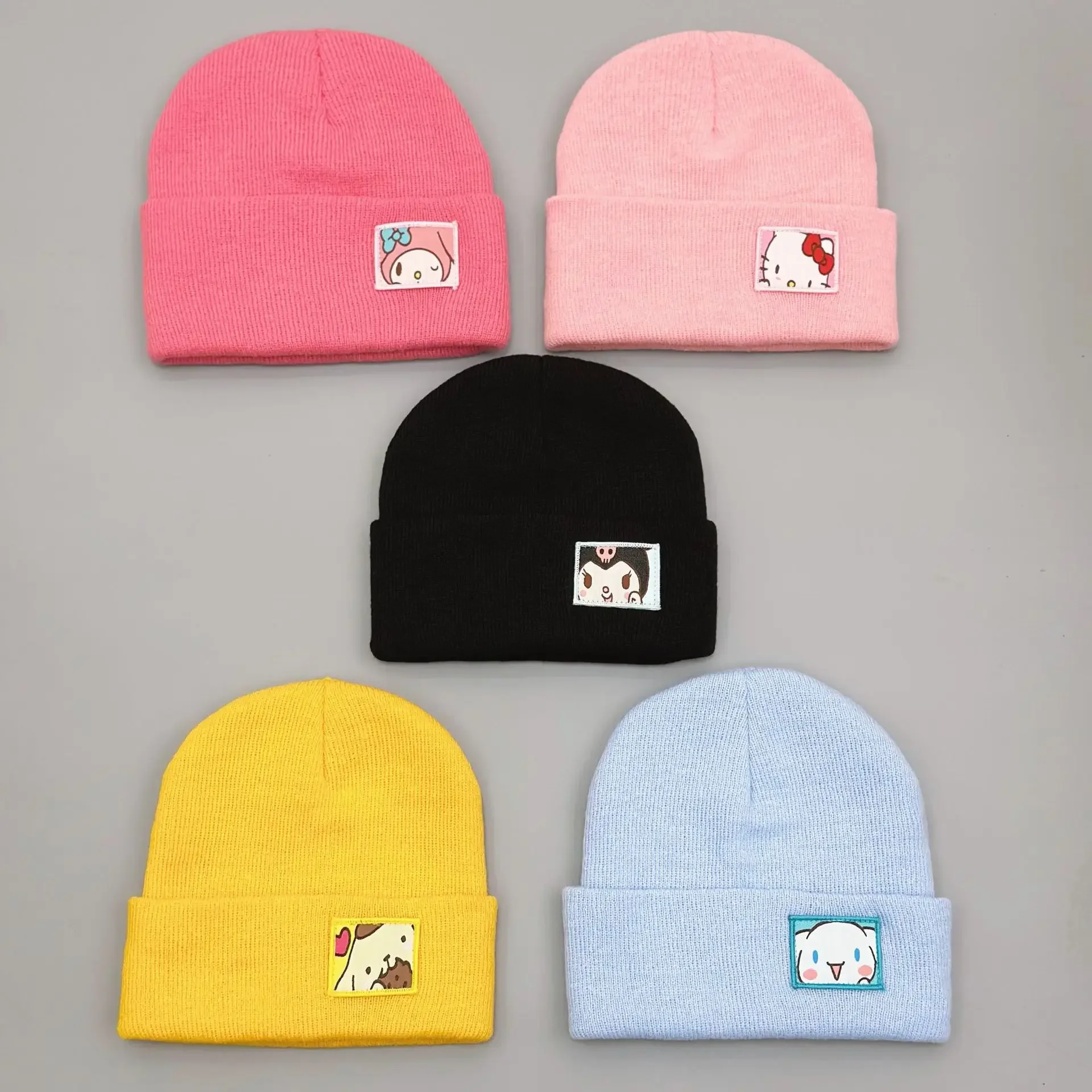 Cute Cartoon Hello Kitty Embroidered Knitted Hat Wool Kawaii Warm Hat Kuromi Melody Cinnamon Dog Trendy Cold Cap Headgear Gift