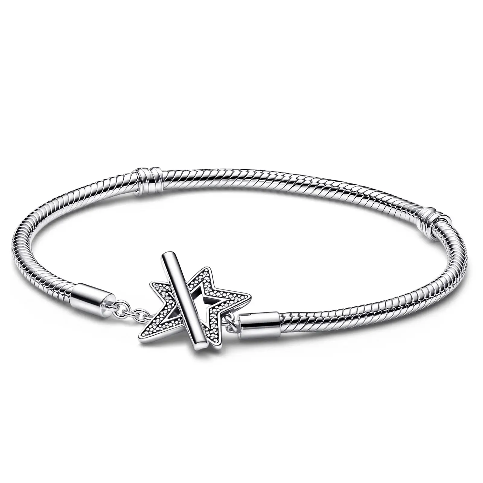 

Moments Asymmetric Star T-bar Snake Chain Bracelets for Women 925 Sterling Silver Bracelet Fit DIY Charms Beads Original Jewelry