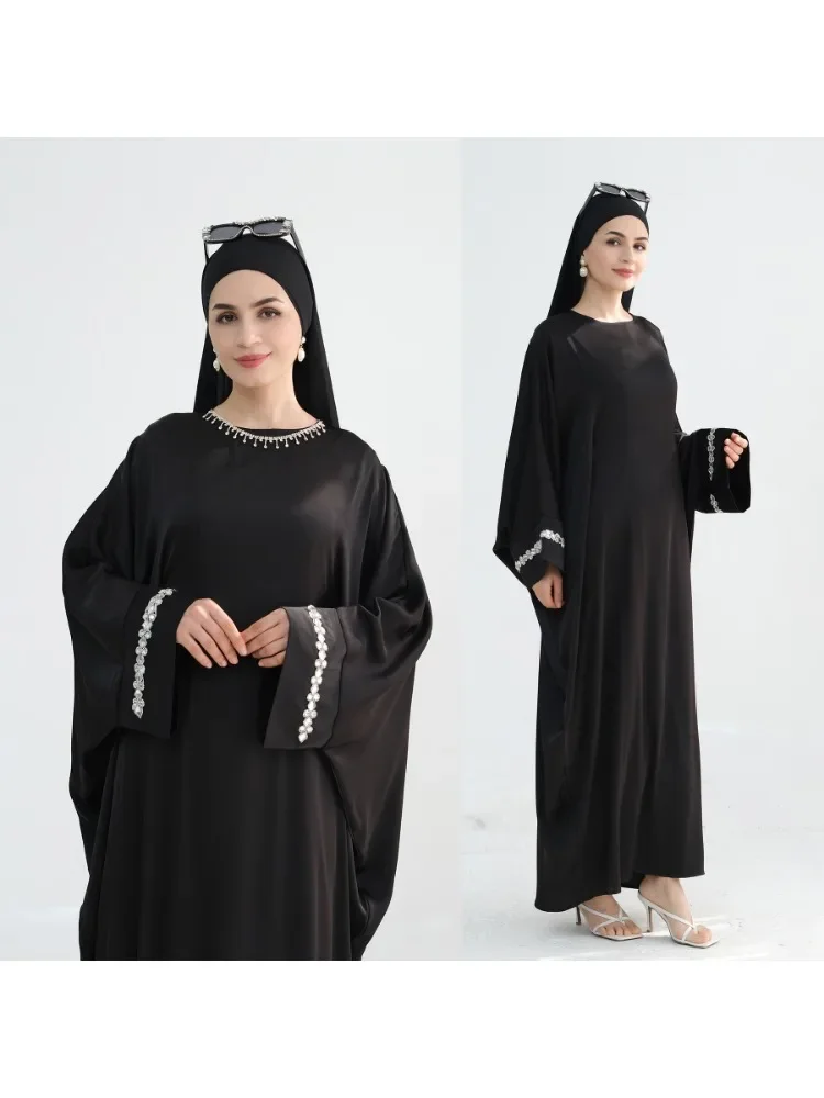 Manufacturer Wholesale Kaftan Satin Islamic Clothes Muslim Dresses for Women Ramadan Abaya Butterfly Crystals Robe Holiday Dress