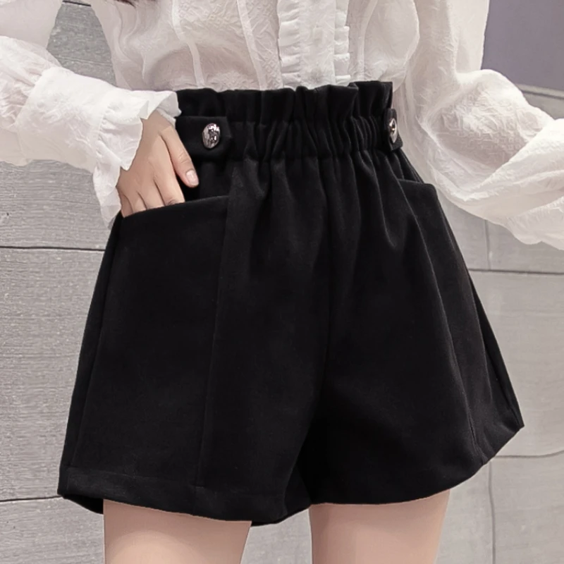 Black Woolen Shorts Women Chic Folds High Waist Design Loose Autumn Winter College Vintage Streetwear Lovely Female Classy Basic