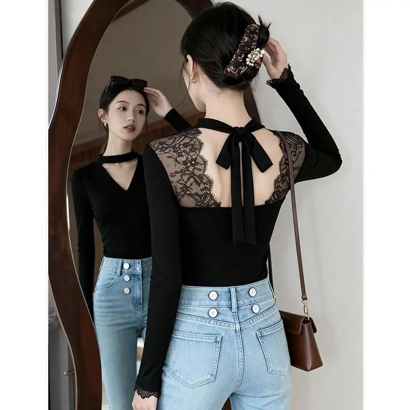 الخريف الشتاء مثير الحلو هوتي عارية الذراعين جوفاء الدانتيل قاع قميص للنساء الألمانية المخملية بلوزات بأكمام طويلة #1