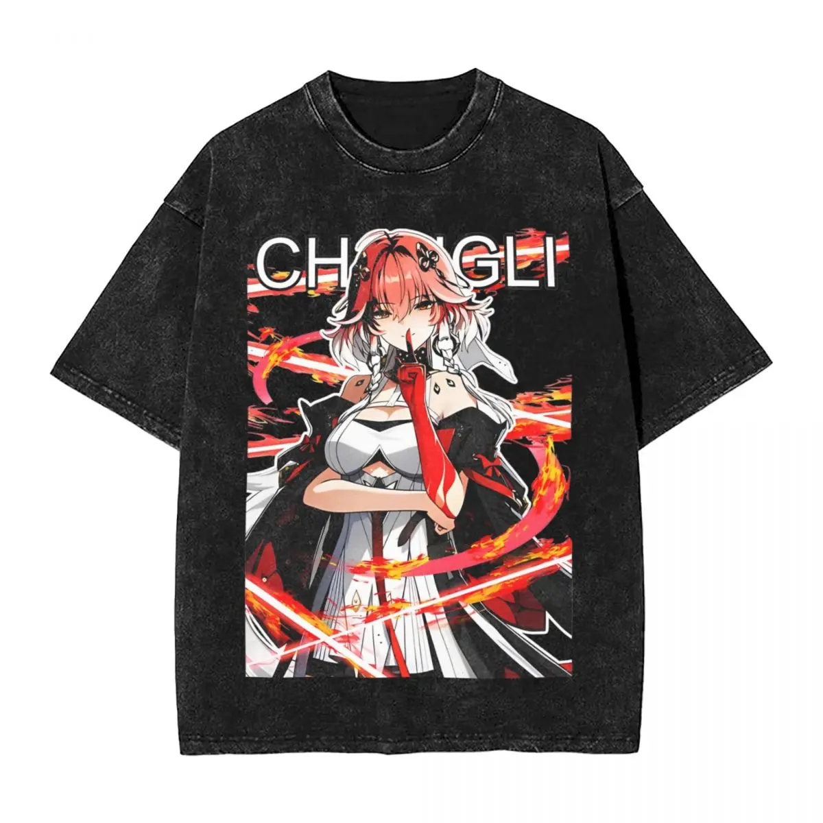 Wuthering Waves Changli T Shirts Washed Short Sleeve Oversize T-Shirts Anime Game Men Women Tops Streetwear Summer Tops Tees