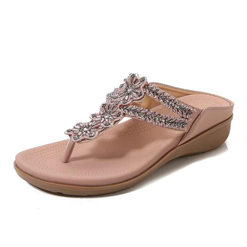 Sandalias informales de PU para mujer, zapatos romanos de plataforma, suaves y antideslizantes, con cuentas de diamantes ostentosos, estilo bohemio, para verano, 2024