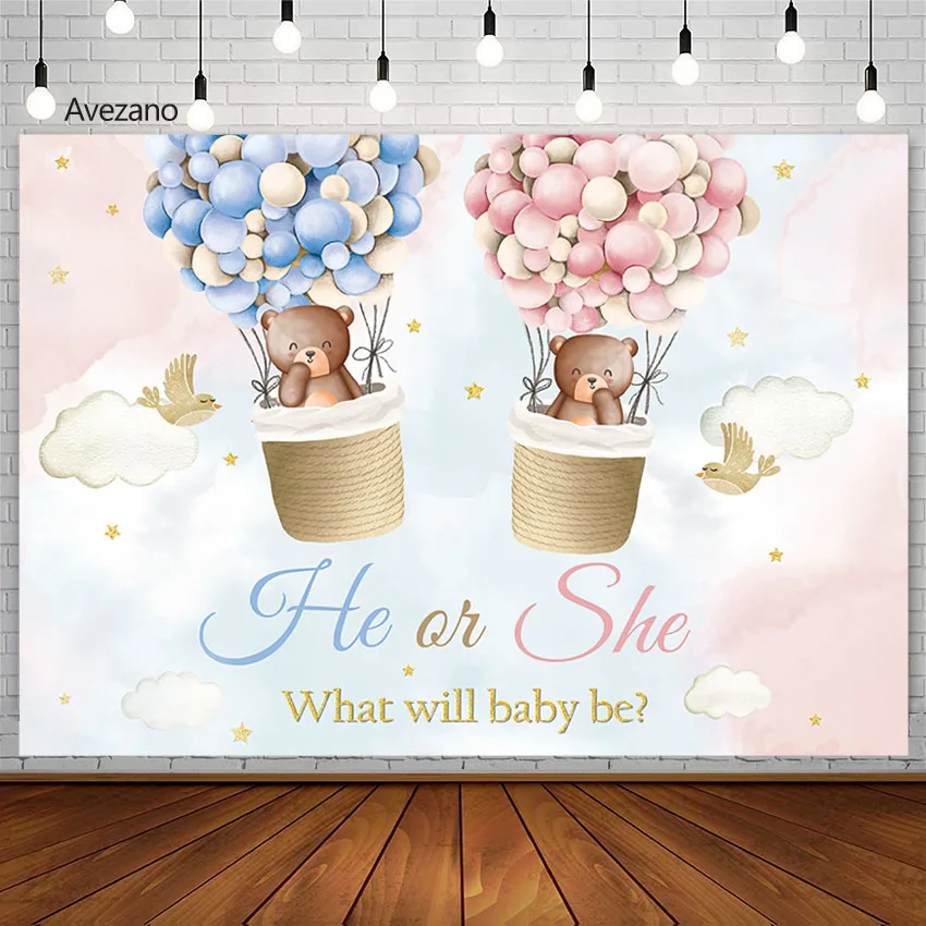 

Gender Reveal Photography Background Boy or Girl Hot Air Balloon Bear Cloud Gold Star Party Backdrop For Photo Studio Photocall